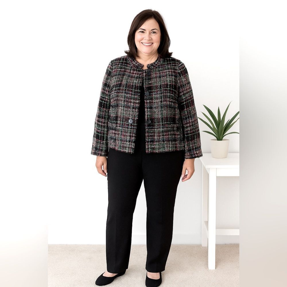 Talbots Wool Blend Boxy Tweed Blazer NWT! size 14 in Black/Multi-Color